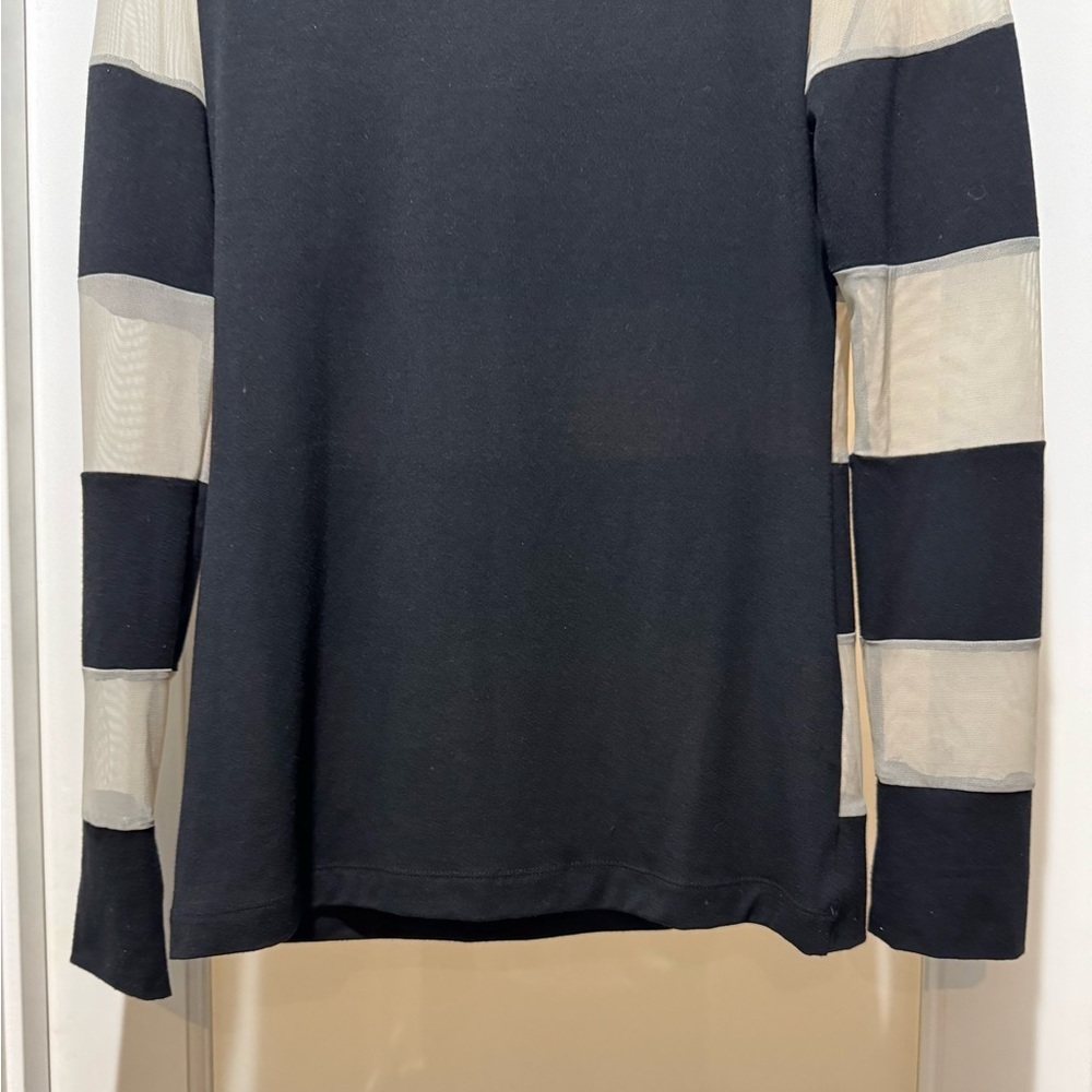 Anatomie Black Cream Stripe Mesh Long Sleeve Top Size M Travel Luxe Lightweight - Picture 9 of 13